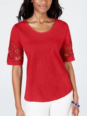 🌻 Charter Club Red Scoop Neck Top with Crochet Cutout Sleeves 1X
